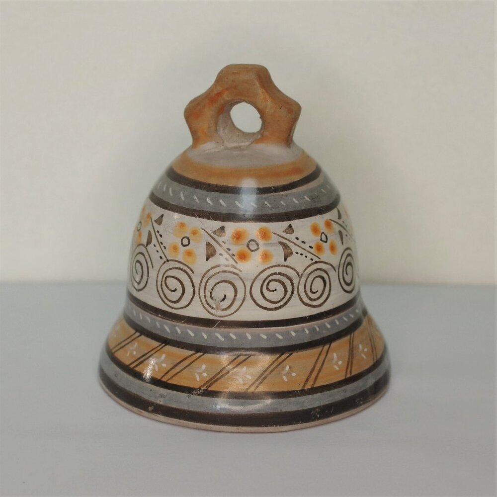 Tonala Jimon Burnido Burnished Pottery Bell Signed, Floral Mexican Pottery